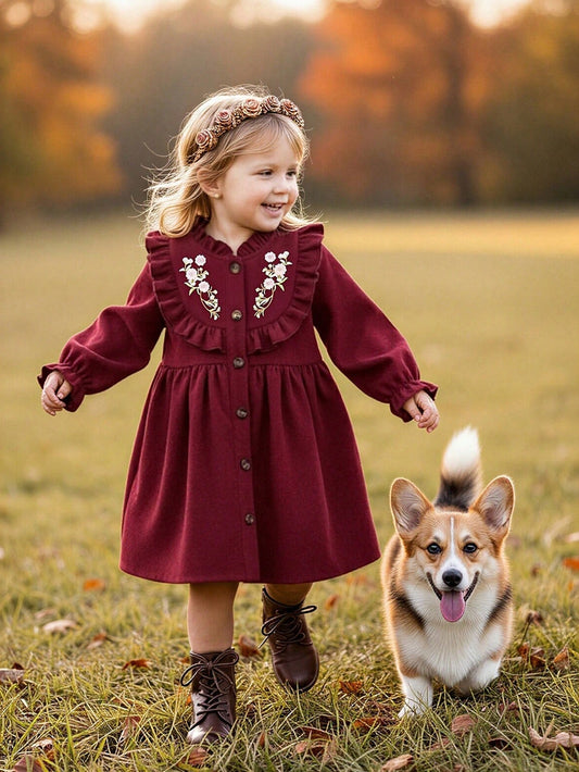 Baby Girl Spring/Autumn Dress, Ruffle Hem Adds Layered Texture, Sweet And Cute, Exquisite Embroidered Floral Details Add Highlights, Full-Front Opening Design, Easy To Put On And Take Off, Suitable Fo