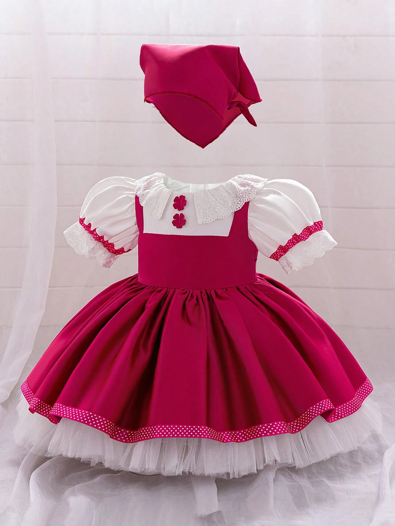 Baby Girls Fuchsia Puff Sleeve Satin Chiffon Princess Dress With Neck Scarf, Suitable For Parties