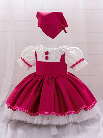 Baby Girls Fuchsia Puff Sleeve Satin Chiffon Princess Dress With Neck Scarf, Suitable For Parties