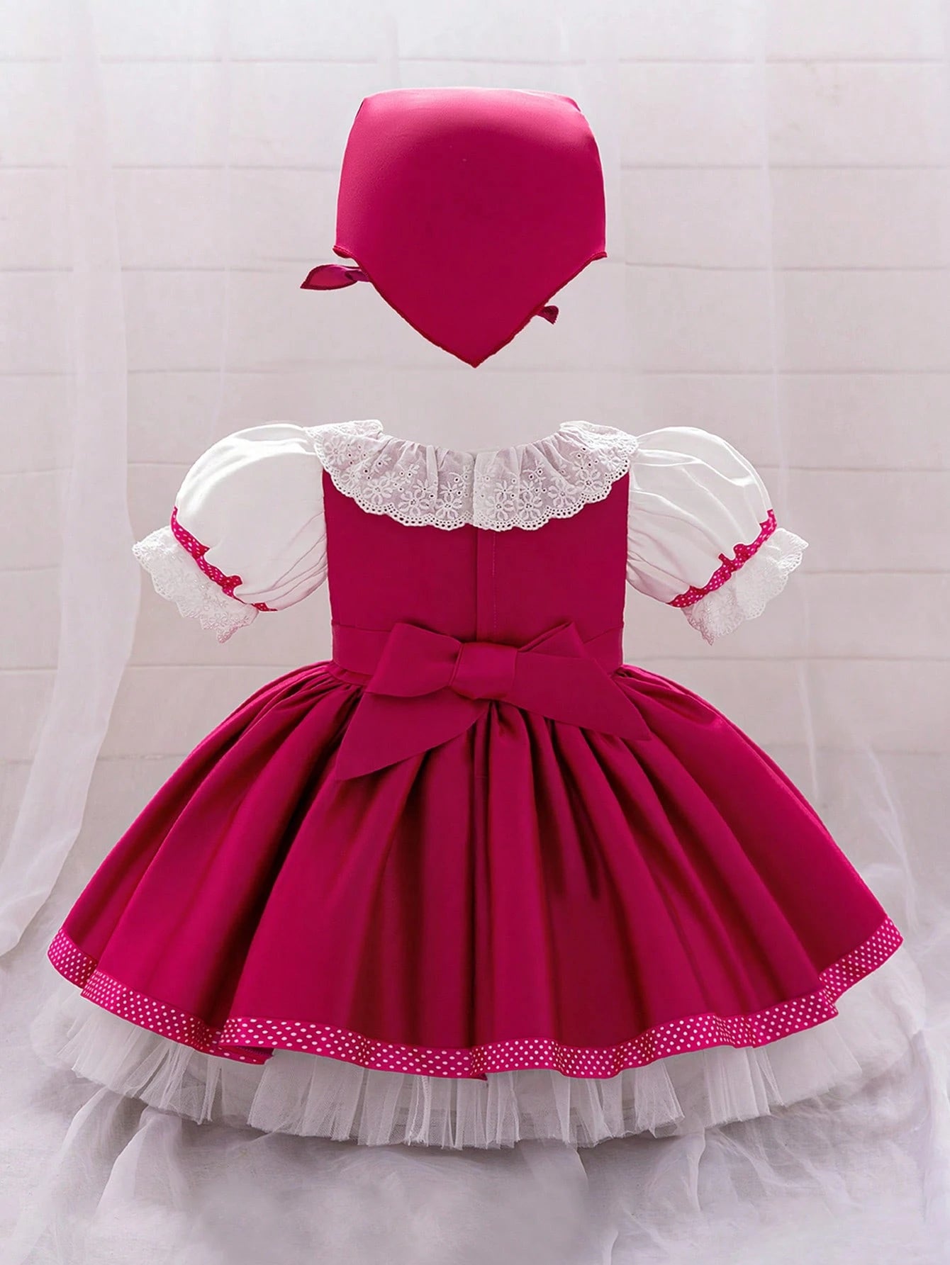 Baby Girls Fuchsia Puff Sleeve Satin Chiffon Princess Dress With Neck Scarf, Suitable For Parties