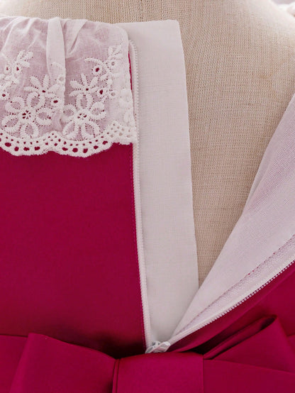 Baby Girls Fuchsia Puff Sleeve Satin Chiffon Princess Dress With Neck Scarf, Suitable For Parties