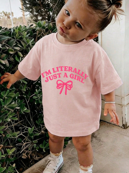 Baby Girls "I'm Just A Girl" Bow Print Short Sleeve T-Shirt, Pink Casual Top