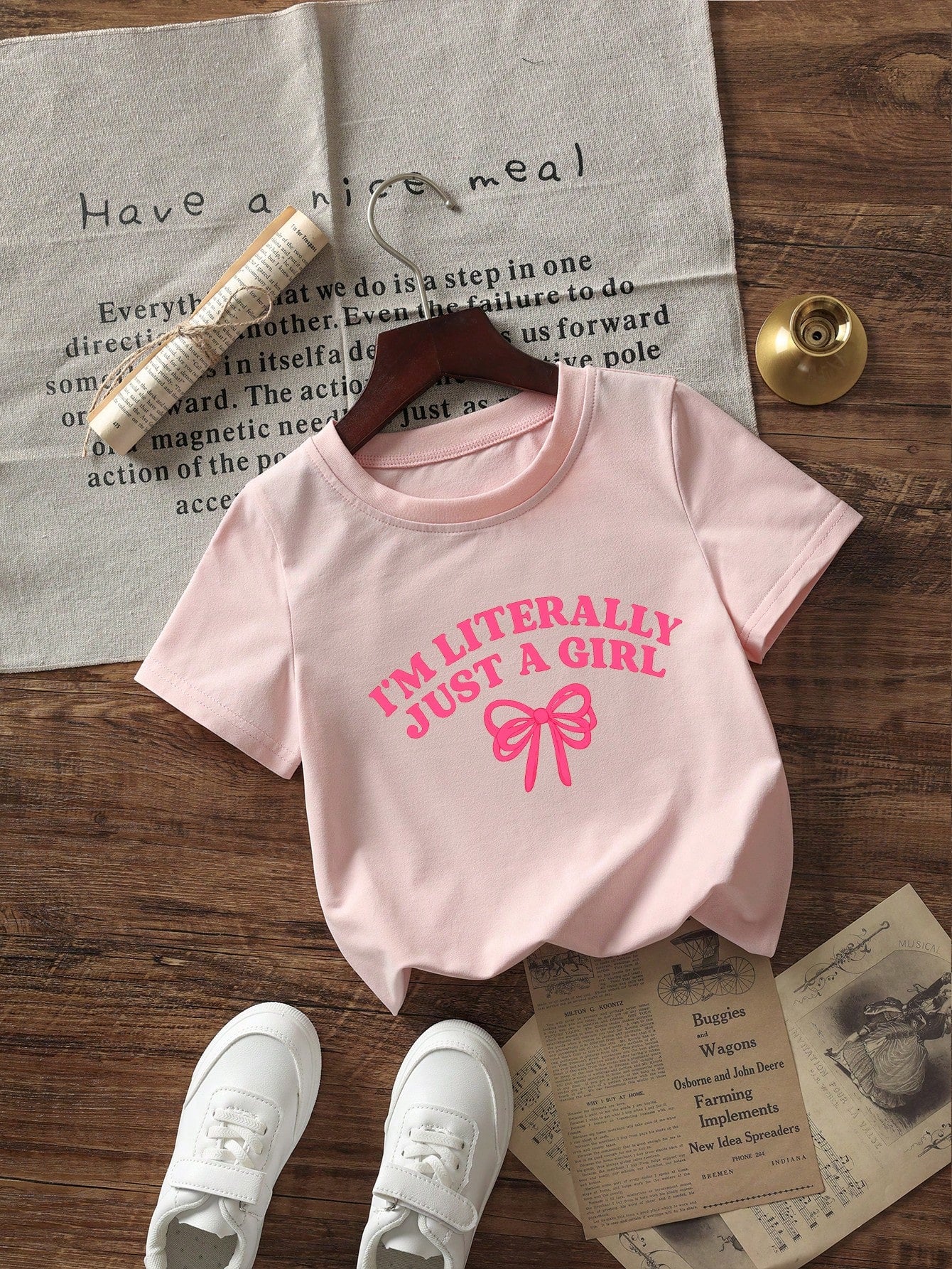 Baby Girls "I'm Just A Girl" Bow Print Short Sleeve T-Shirt, Pink Casual Top