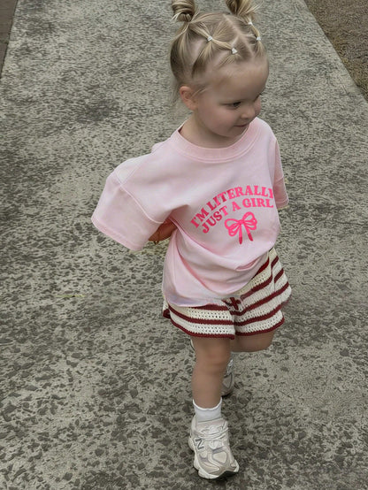 Baby Girls "I'm Just A Girl" Bow Print Short Sleeve T-Shirt, Pink Casual Top