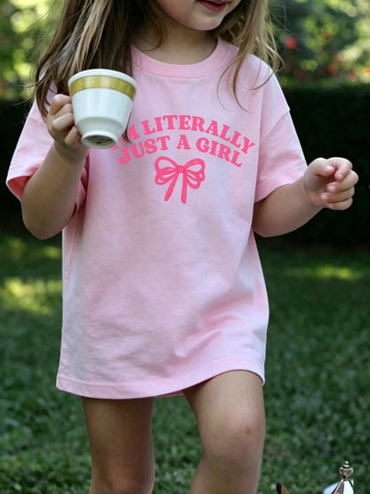 Baby Girls "I'm Just A Girl" Bow Print Short Sleeve T-Shirt, Pink Casual Top