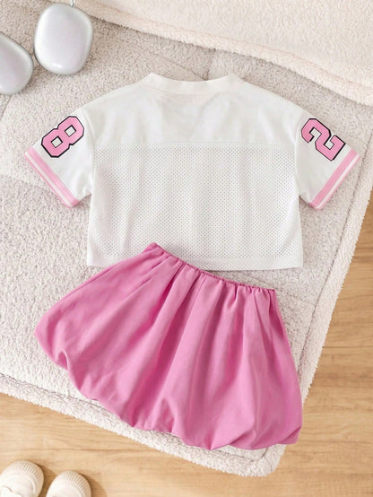 Baby Girls' Sports Casual Fashion Short Sleeve Top And Ruffle Skirt Shorts Set, Baby Girls Clothing