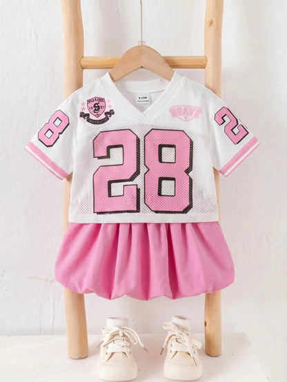 Baby Girls' Sports Casual Fashion Short Sleeve Top And Ruffle Skirt Shorts Set, Baby Girls Clothing
