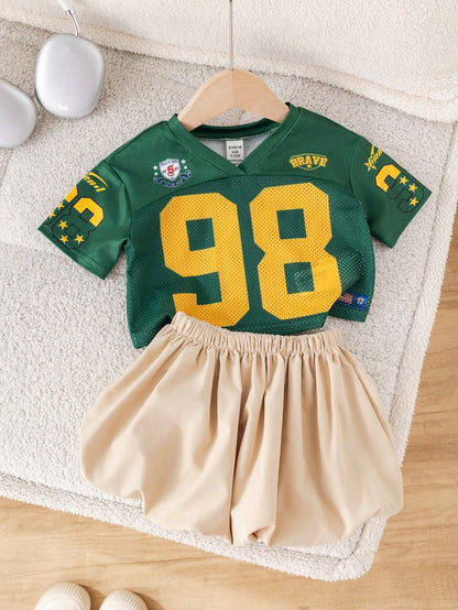Baby Girls' Sports Casual Fashion Short Sleeve Top And Ruffle Skirt Shorts Set, Baby Girls Clothing