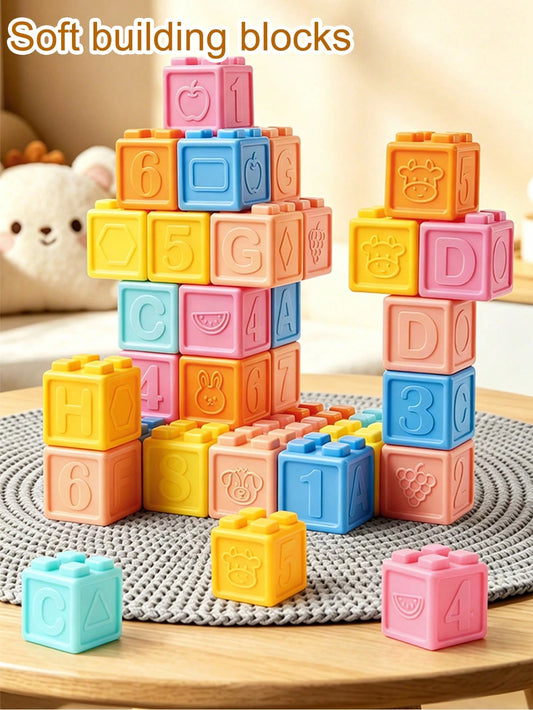 Baby Soft Rubber Stackable Blocks, Washable Bath Toys, Montessori Early Education Number & Letter Teething Toys, Newborn Sensory Toys Gift