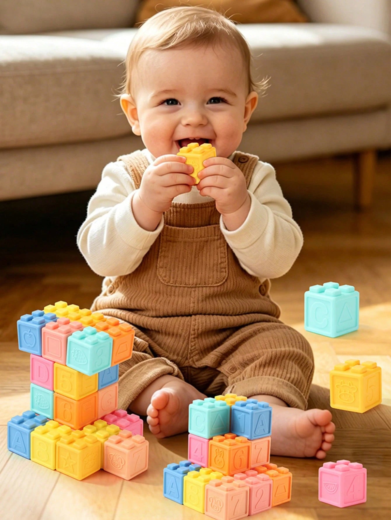 Baby Soft Rubber Stackable Blocks, Washable Bath Toys, Montessori Early Education Number & Letter Teething Toys, Newborn Sensory Toys Gift