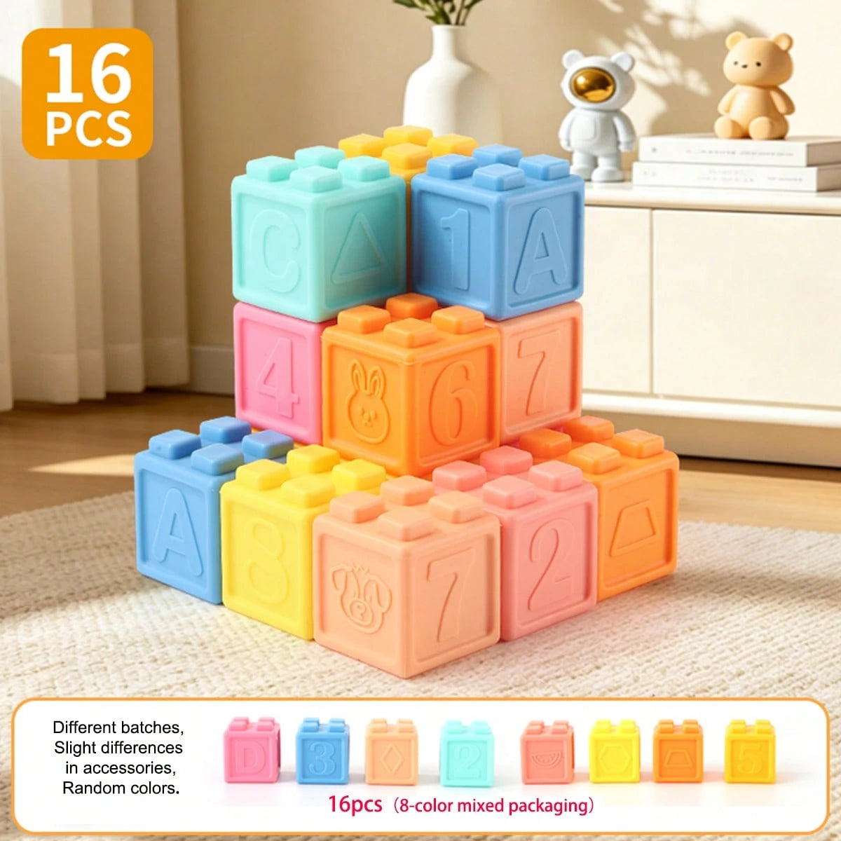 Baby Soft Rubber Stackable Blocks, Washable Bath Toys, Montessori Early Education Number & Letter Teething Toys, Newborn Sensory Toys Gift