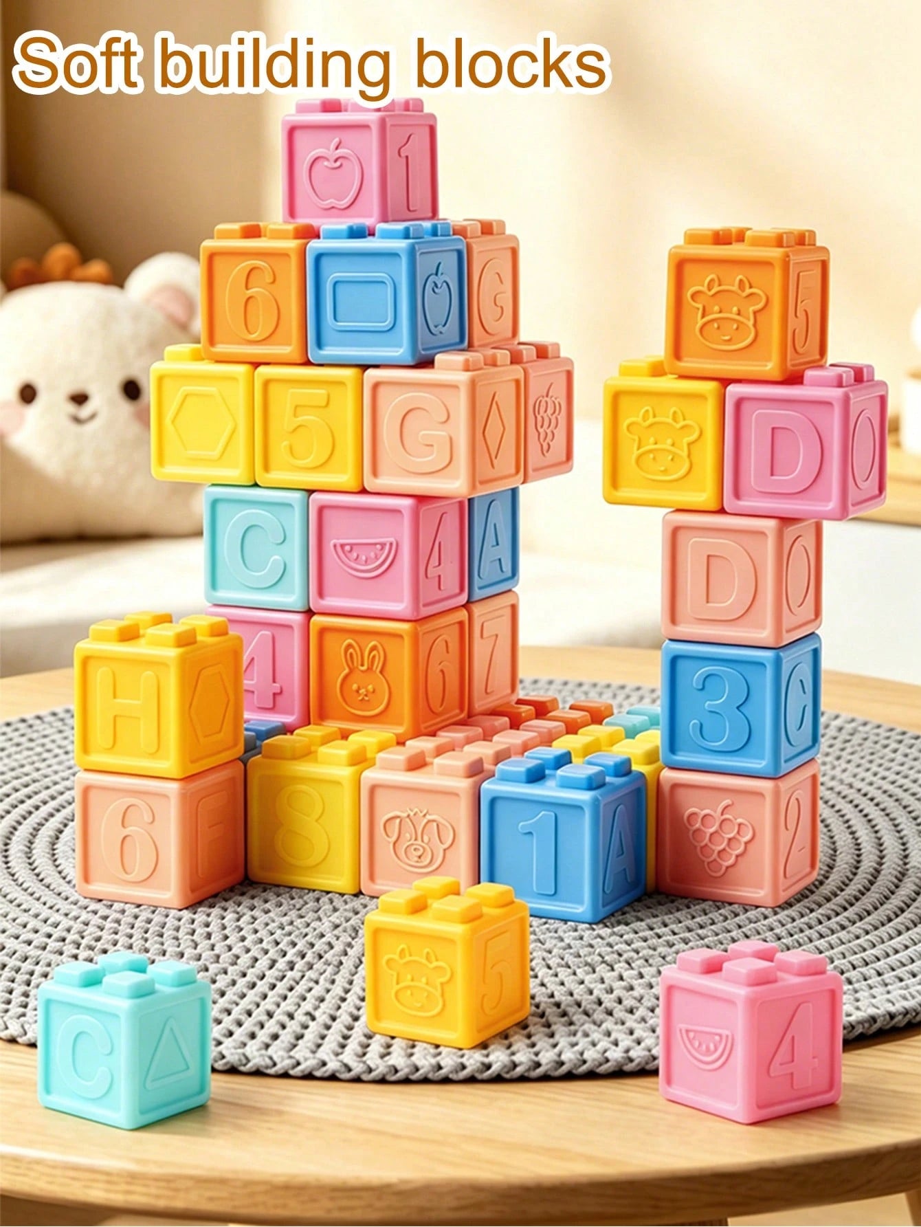 Baby Soft Rubber Stackable Blocks, Washable Bath Toys, Montessori Early Education Number & Letter Teething Toys, Newborn Sensory Toys Gift