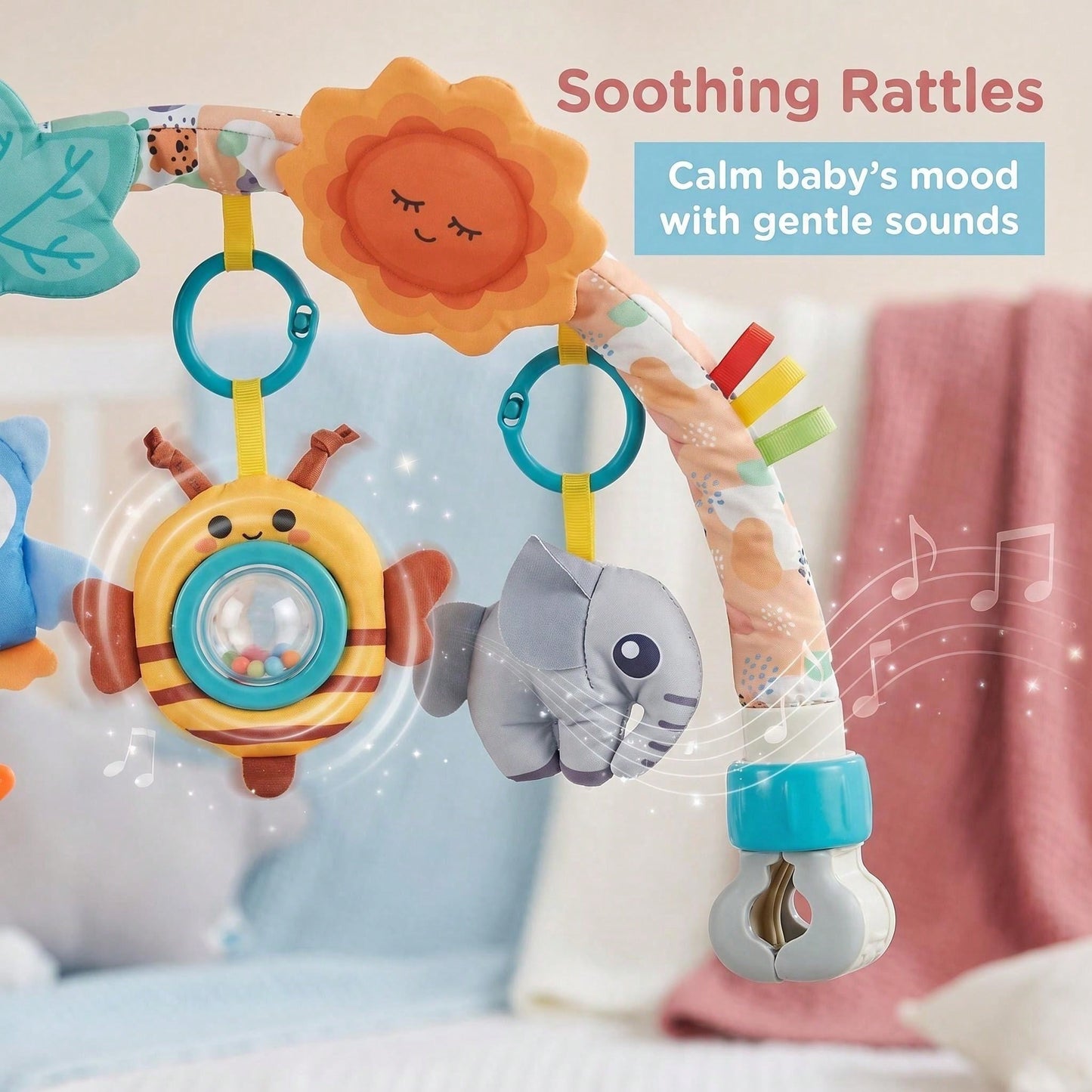 Baby Stroller Hanging Toy Ocean Animal Rattle With Pull String, Detachable Rattle, Battery-Free