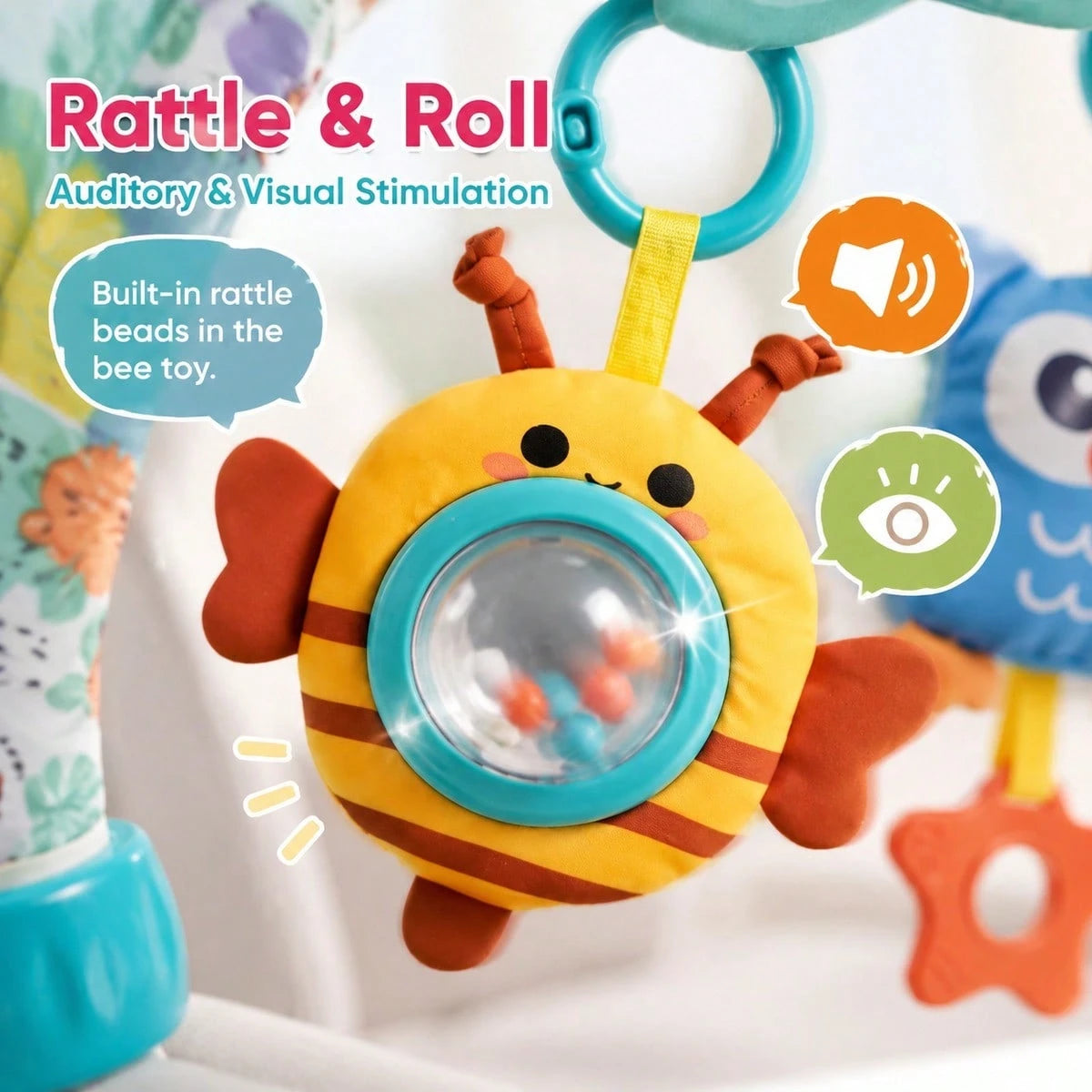 Baby Stroller Hanging Toy Ocean Animal Rattle With Pull String, Detachable Rattle, Battery-Free