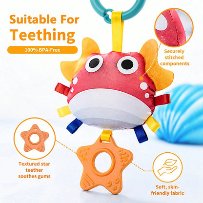 Baby Stroller Hanging Toy Ocean Animal Rattle With Pull String, Detachable Rattle, Battery-Free