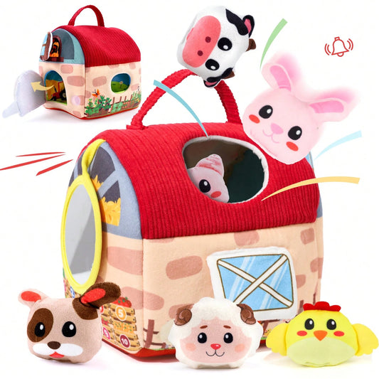 Baby Toys 6-12 Months- Surprise Barn With Stuffed Farm Animals, Rattle, Crinkle Paper, Mirror- Montessori Toys For 6 Month Old Babies, Sensory Balls Toddlers 1-3, 1 Year Old Boy Girl Gifts, Interac