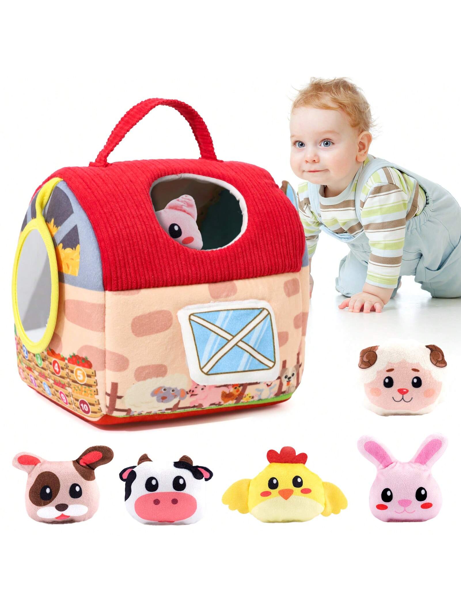 Baby Toys 6-12 Months- Surprise Barn With Stuffed Farm Animals, Rattle, Crinkle Paper, Mirror- Montessori Toys For 6 Month Old Babies, Sensory Balls Toddlers 1-3, 1 Year Old Boy Girl Gifts, Interac