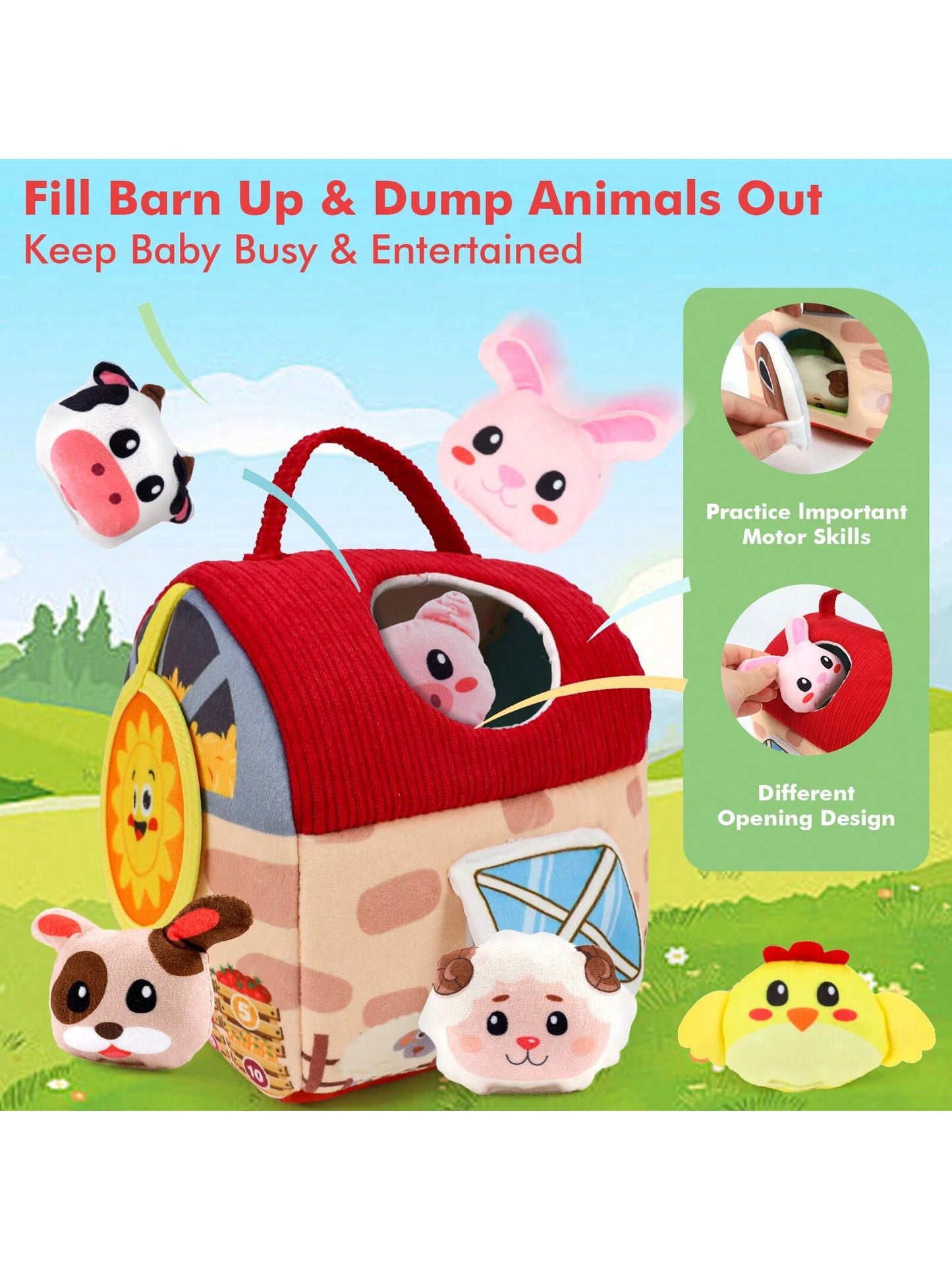 Baby Toys 6-12 Months- Surprise Barn With Stuffed Farm Animals, Rattle, Crinkle Paper, Mirror- Montessori Toys For 6 Month Old Babies, Sensory Balls Toddlers 1-3, 1 Year Old Boy Girl Gifts, Interac