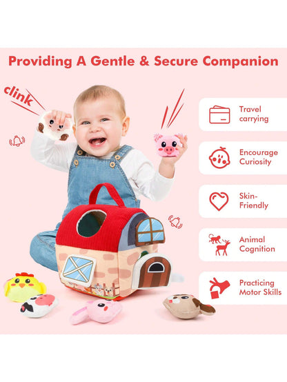 Baby Toys 6-12 Months- Surprise Barn With Stuffed Farm Animals, Rattle, Crinkle Paper, Mirror- Montessori Toys For 6 Month Old Babies, Sensory Balls Toddlers 1-3, 1 Year Old Boy Girl Gifts, Interac