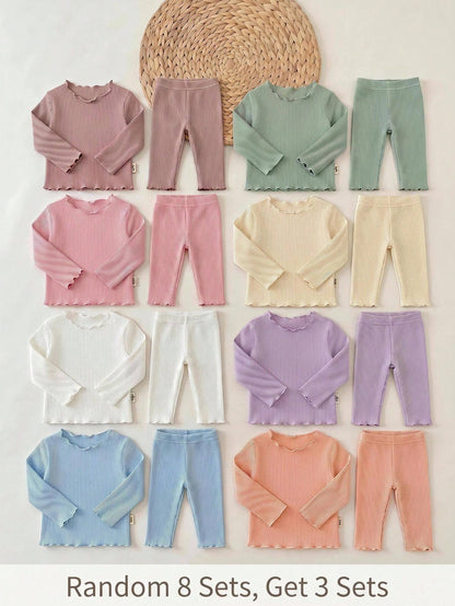Babygirl Cute Casual Knit Solid Color Long Sleeve Top Elastic Waist Long Pants 6pcs Set