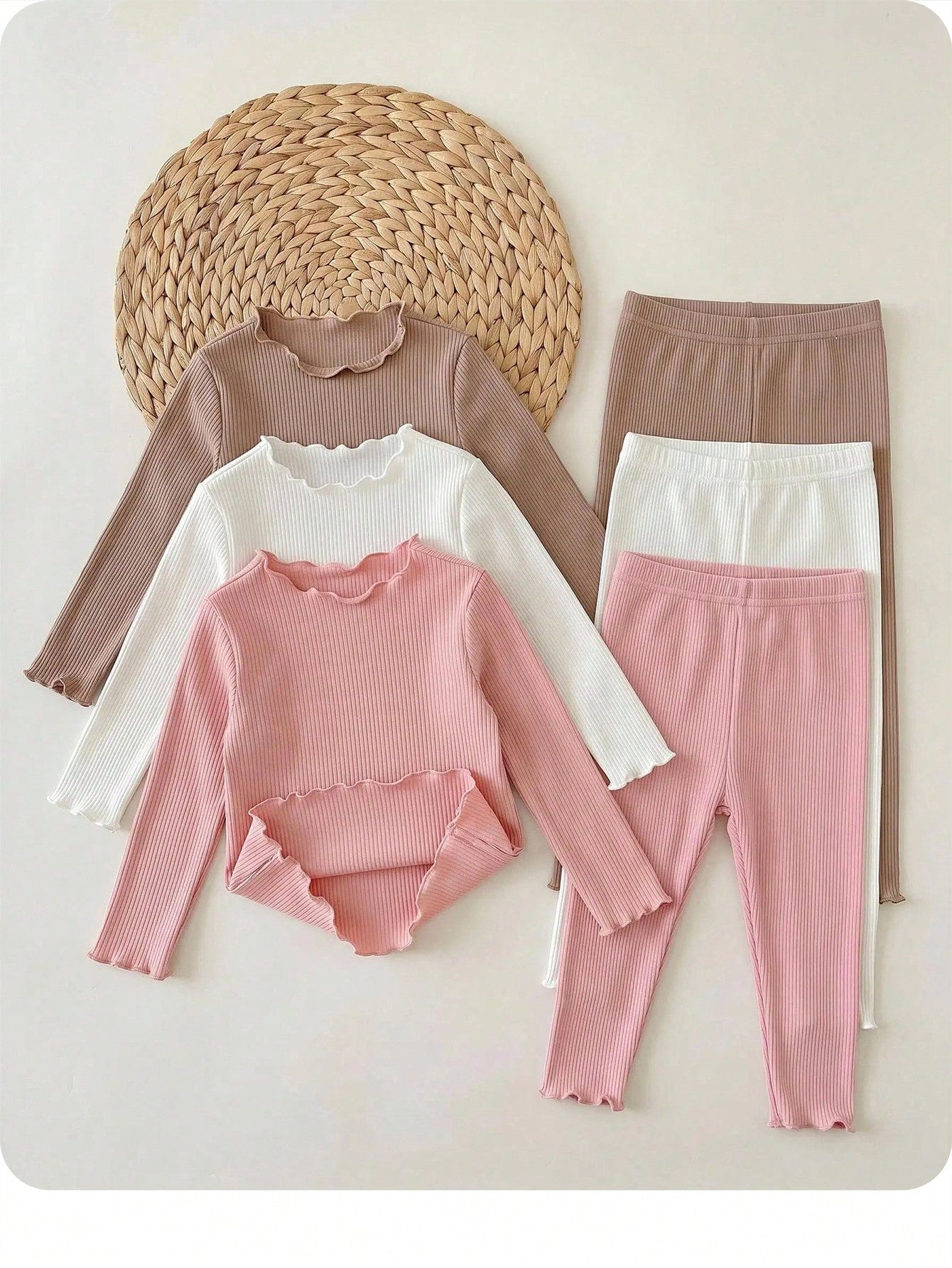 Babygirl Cute Casual Knit Solid Color Long Sleeve Top Elastic Waist Long Pants 6pcs Set