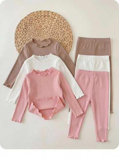 Babygirl Cute Casual Knit Solid Color Long Sleeve Top Elastic Waist Long Pants 6pcs Set