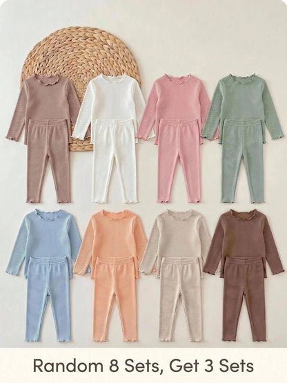 Babygirl Cute Casual Knit Solid Color Long Sleeve Top Elastic Waist Long Pants 6pcs Set