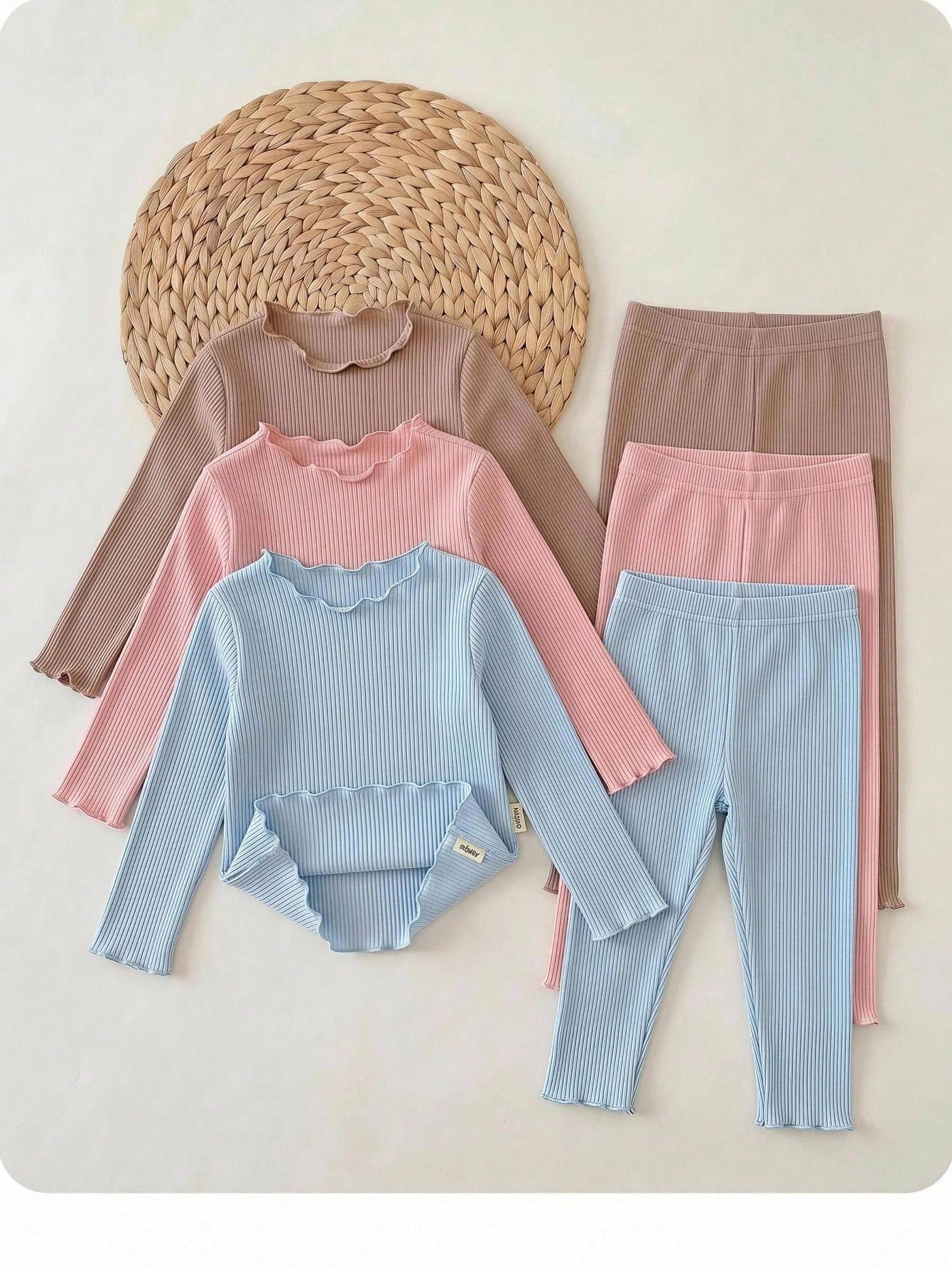 Babygirl Cute Casual Knit Solid Color Long Sleeve Top Elastic Waist Long Pants 6pcs Set