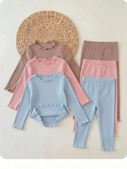 Babygirl Cute Casual Knit Solid Color Long Sleeve Top Elastic Waist Long Pants 6pcs Set