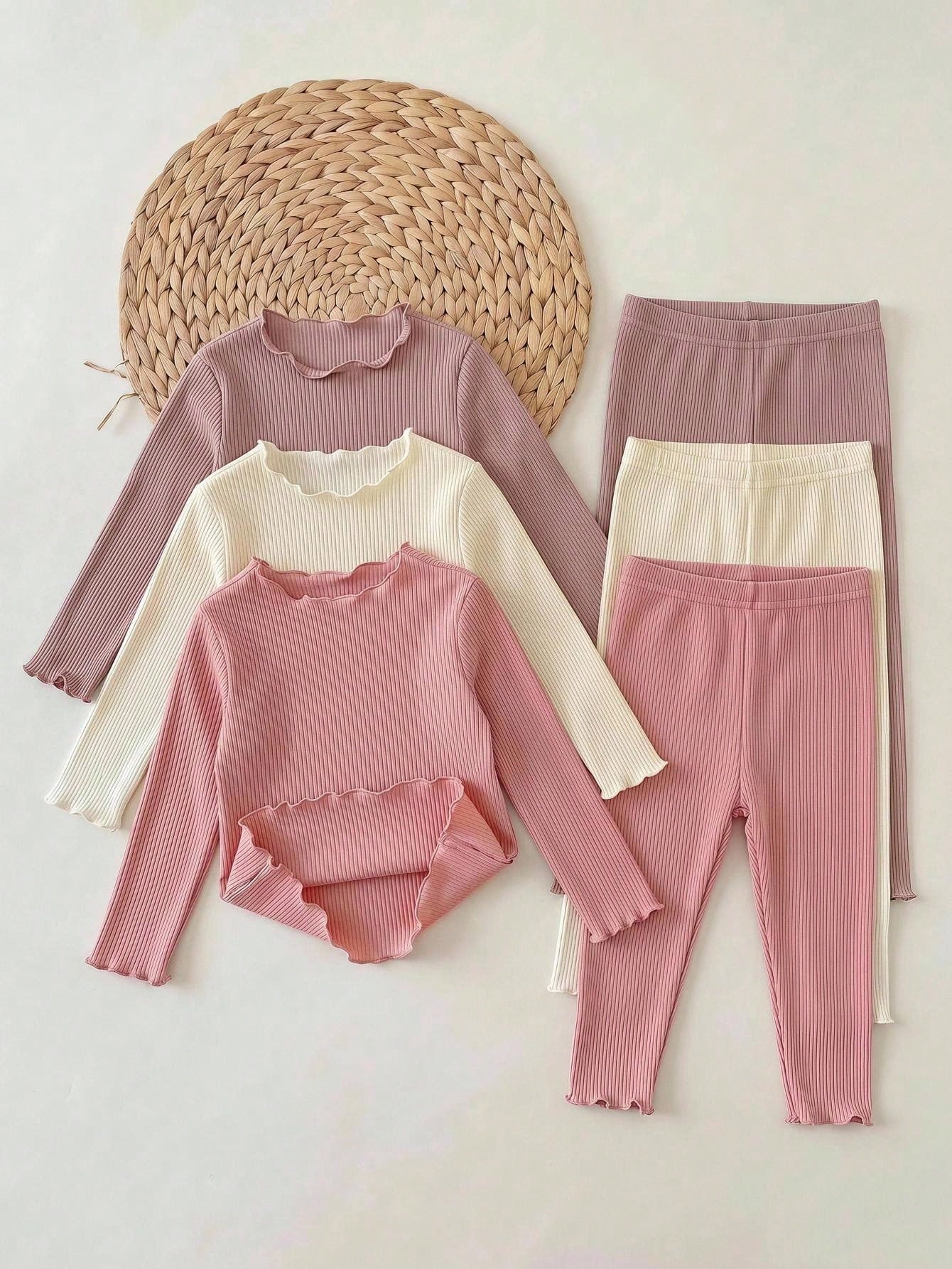 Babygirl Cute Casual Knit Solid Color Long Sleeve Top Elastic Waist Long Pants 6pcs Set