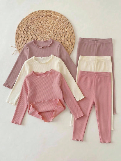 Babygirl Cute Casual Knit Solid Color Long Sleeve Top Elastic Waist Long Pants 6pcs Set