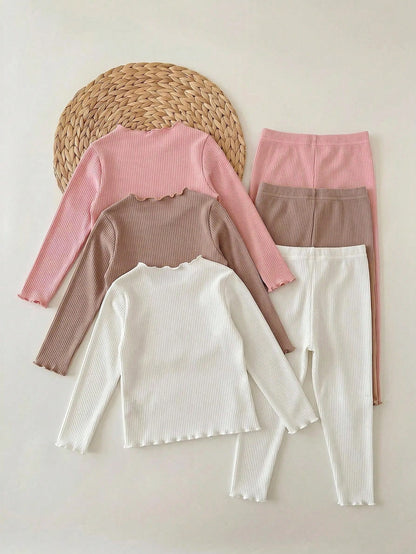 Babygirl Cute Casual Knit Solid Color Long Sleeve Top Elastic Waist Long Pants 6pcs Set