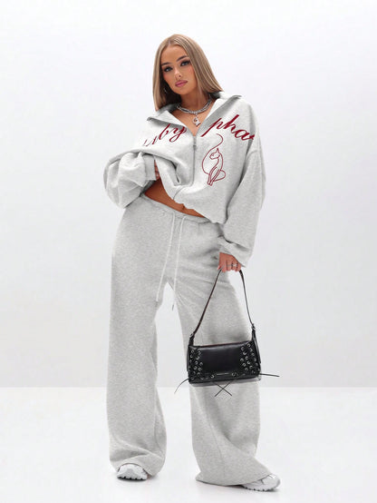 BABYPHAT Oversized High Neck Zip Up Sweatshirt With Script Print And Flame Detail For Casual Comfort