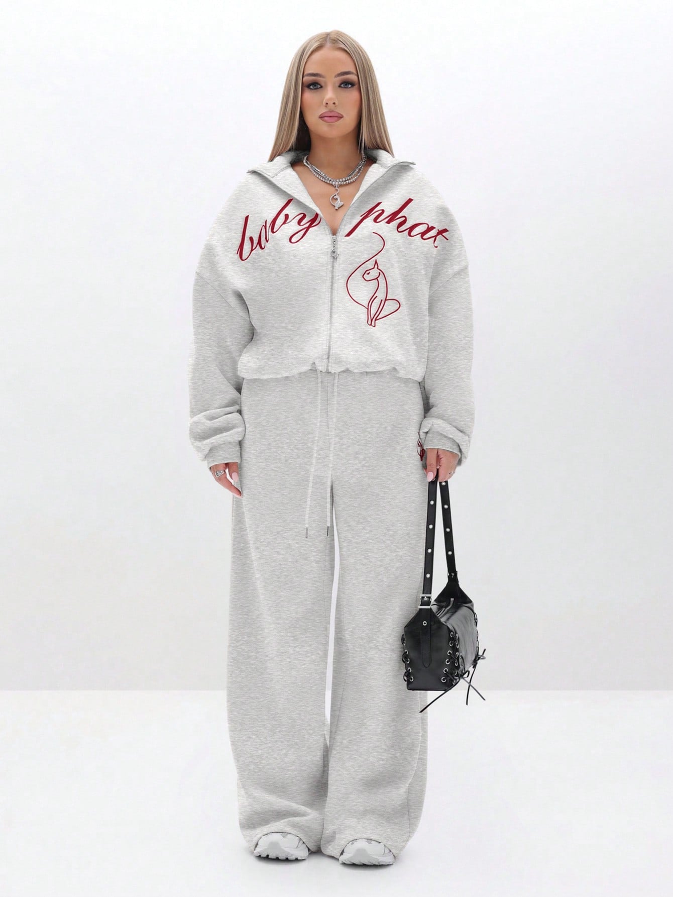 BABYPHAT Oversized High Neck Zip Up Sweatshirt With Script Print And Flame Detail For Casual Comfort