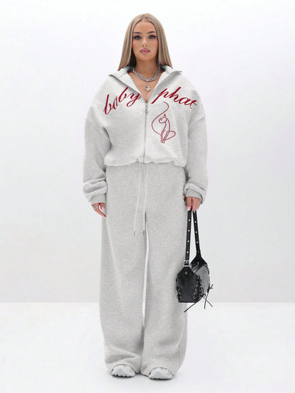 BABYPHAT Oversized High Neck Zip Up Sweatshirt With Script Print And Flame Detail For Casual Comfort
