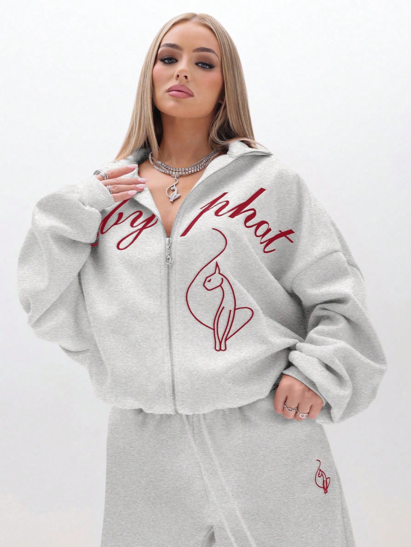 BABYPHAT Oversized High Neck Zip Up Sweatshirt With Script Print And Flame Detail For Casual Comfort