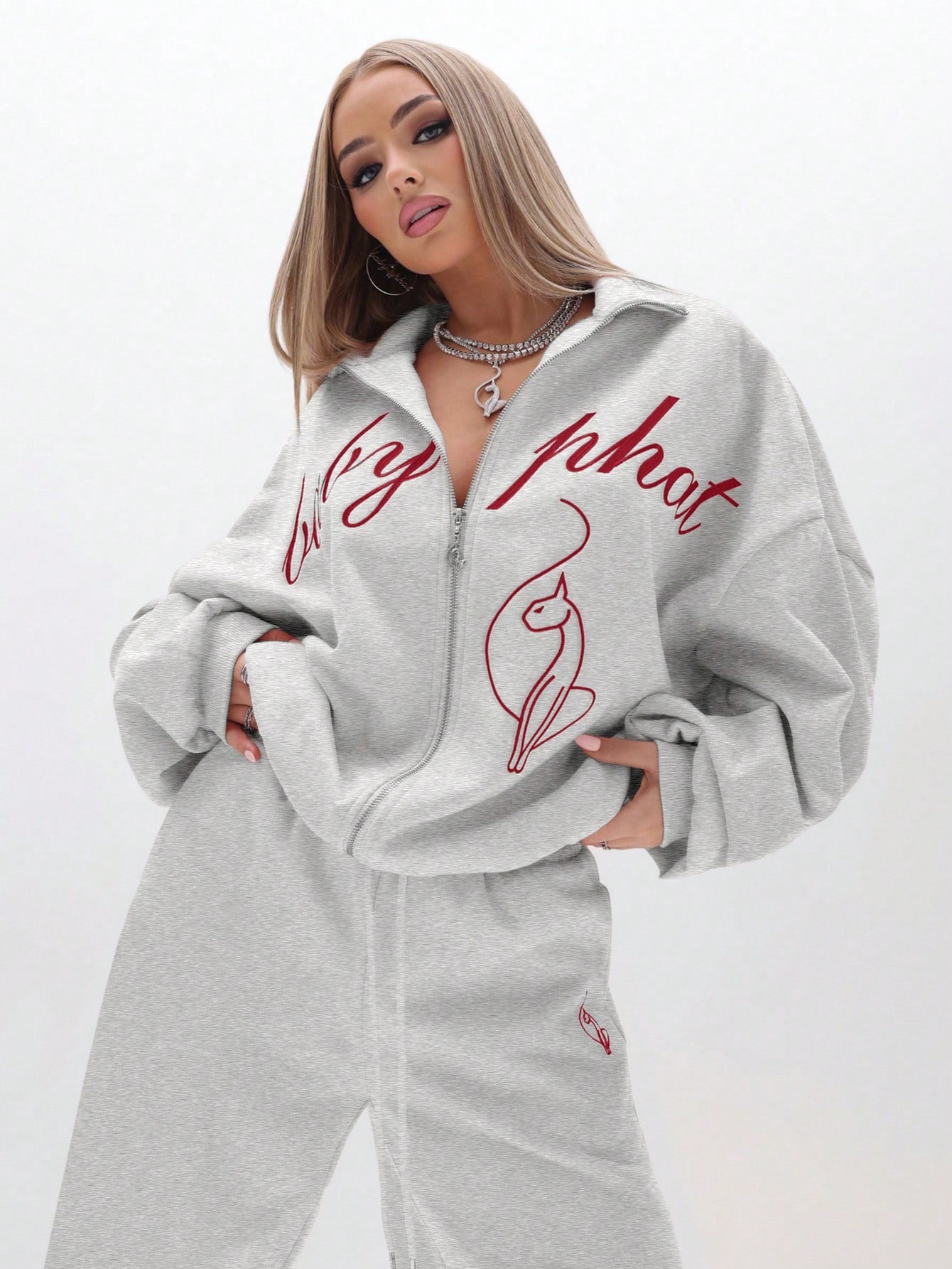 BABYPHAT Oversized High Neck Zip Up Sweatshirt With Script Print And Flame Detail For Casual Comfort