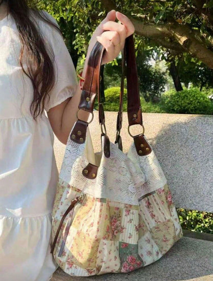 Back To School Tote Bag, Lace Large Capacity Versatile Fashion Bag, Retro Campus Commute Tote Bag, Foldable, Suitable For College Students
