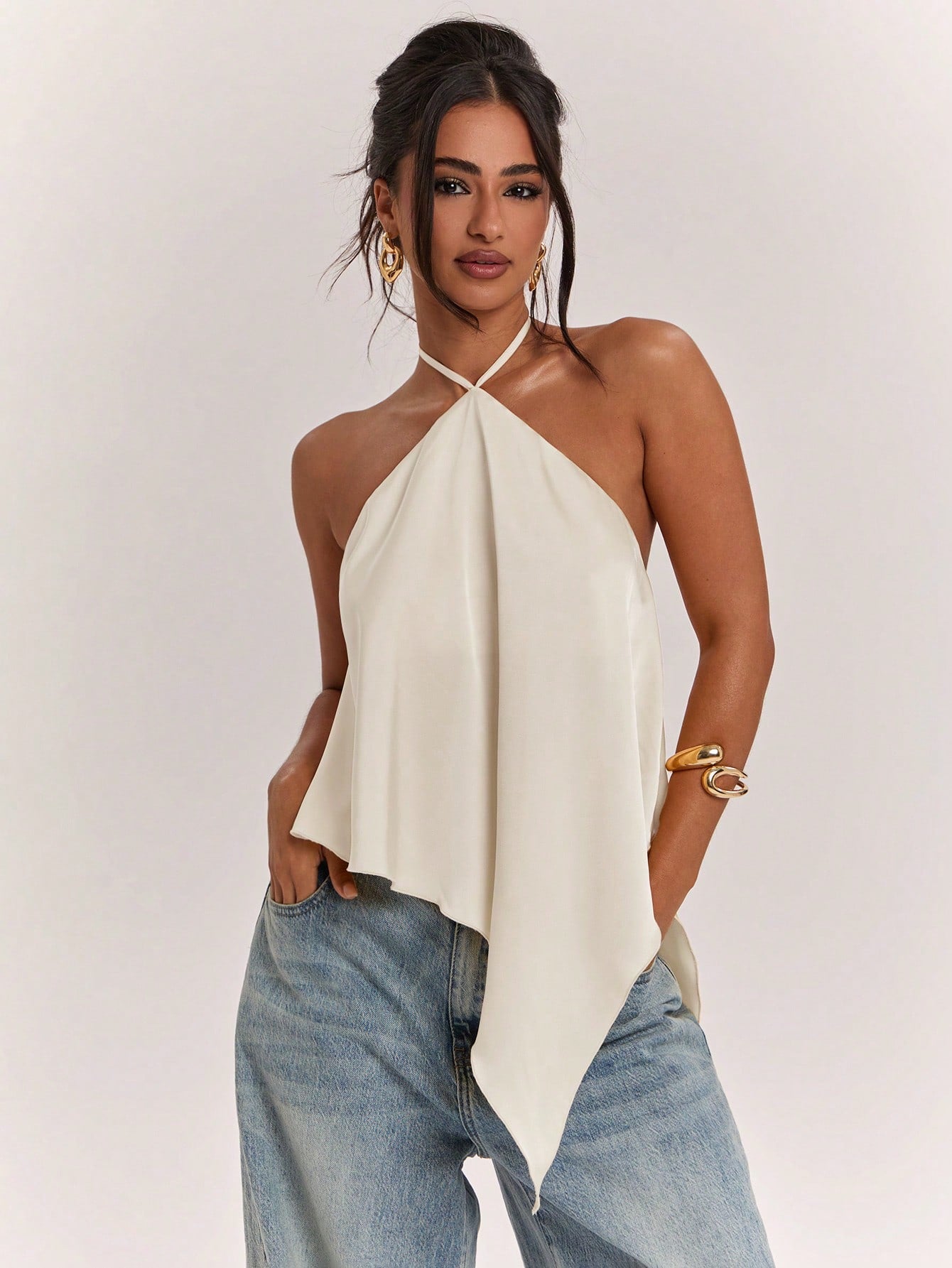 BAE Spring/Summer Women's Casual Vacation Halter Neck Backless Asymmetrical Hem Yellow Solid Satin Tank Top, Suitable For Beach Vacation, Beach Holiday, Sisters Casual Vacation, Elegant Tank Top