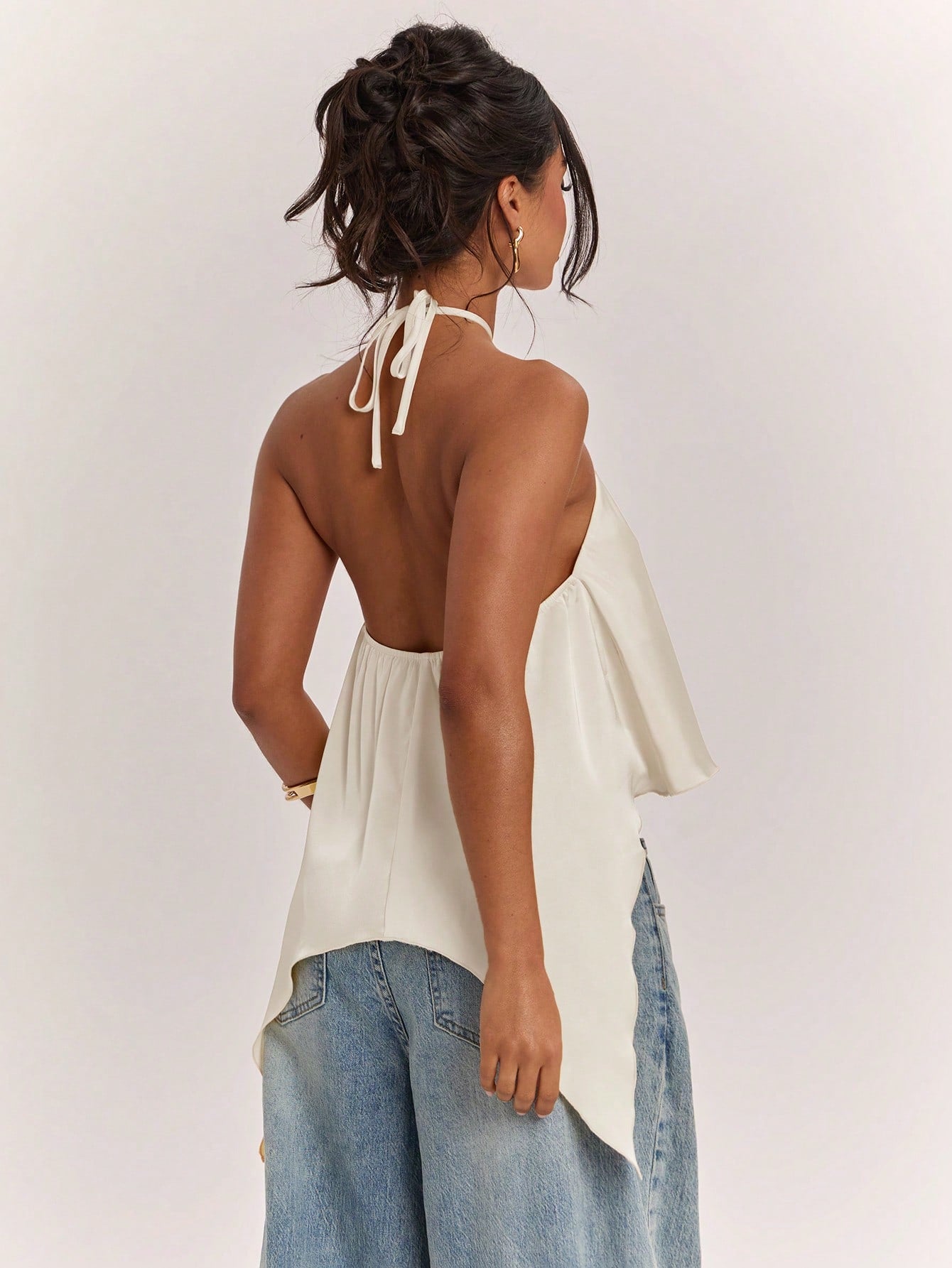 BAE Spring/Summer Women's Casual Vacation Halter Neck Backless Asymmetrical Hem Yellow Solid Satin Tank Top, Suitable For Beach Vacation, Beach Holiday, Sisters Casual Vacation, Elegant Tank Top