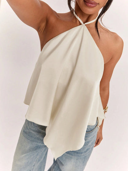 BAE Spring/Summer Women's Casual Vacation Halter Neck Backless Asymmetrical Hem Yellow Solid Satin Tank Top, Suitable For Beach Vacation, Beach Holiday, Sisters Casual Vacation, Elegant Tank Top