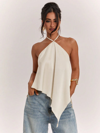BAE Spring/Summer Women's Casual Vacation Halter Neck Backless Asymmetrical Hem Yellow Solid Satin Tank Top, Suitable For Beach Vacation, Beach Holiday, Sisters Casual Vacation, Elegant Tank Top