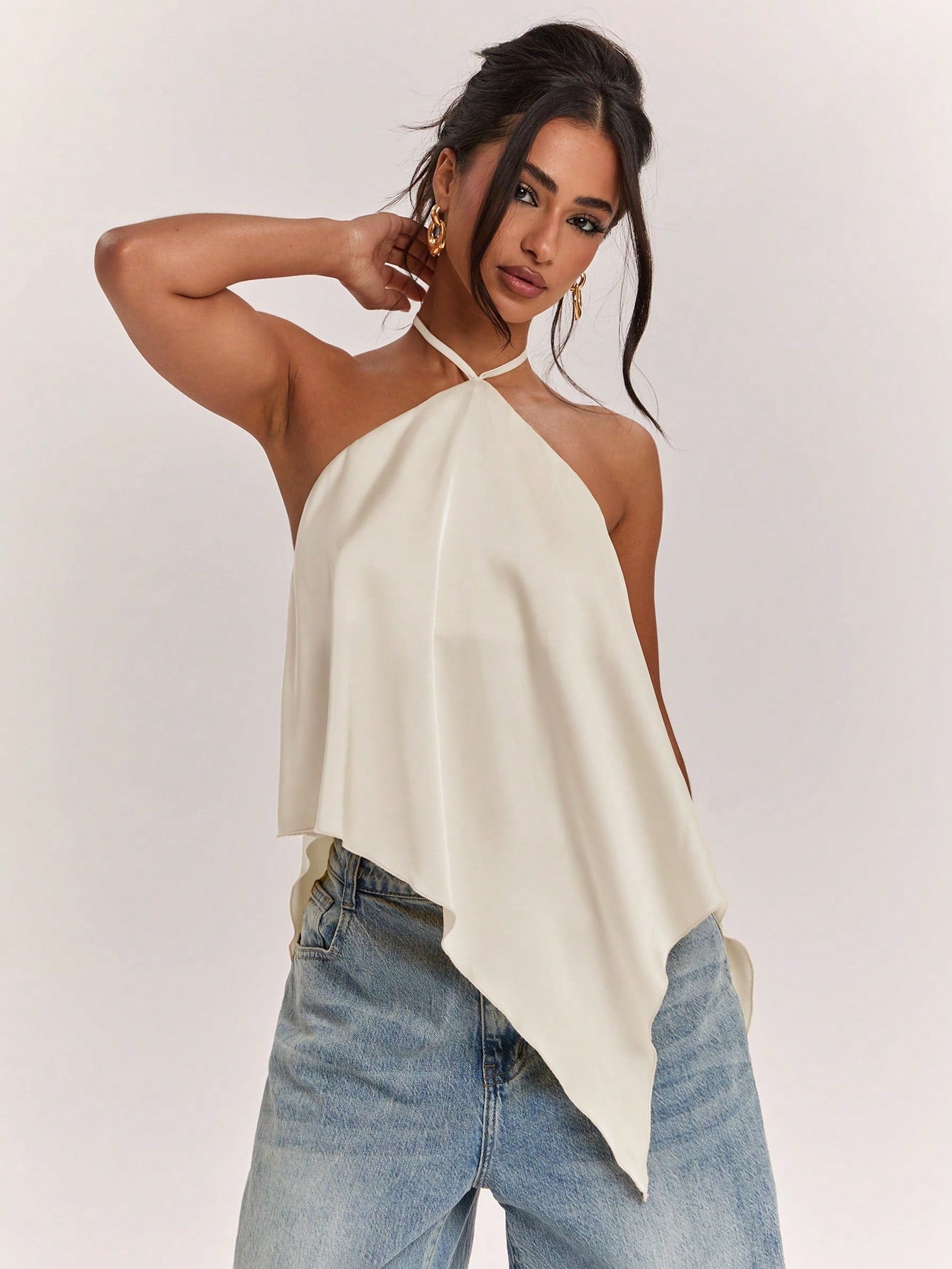 BAE Spring/Summer Women's Casual Vacation Halter Neck Backless Asymmetrical Hem Yellow Solid Satin Tank Top, Suitable For Beach Vacation, Beach Holiday, Sisters Casual Vacation, Elegant Tank Top