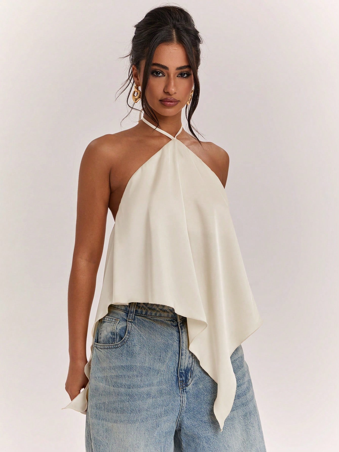 BAE Spring/Summer Women's Casual Vacation Halter Neck Backless Asymmetrical Hem Yellow Solid Satin Tank Top, Suitable For Beach Vacation, Beach Holiday, Sisters Casual Vacation, Elegant Tank Top