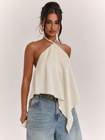 BAE Spring/Summer Women's Casual Vacation Halter Neck Backless Asymmetrical Hem Yellow Solid Satin Tank Top, Suitable For Beach Vacation, Beach Holiday, Sisters Casual Vacation, Elegant Tank Top
