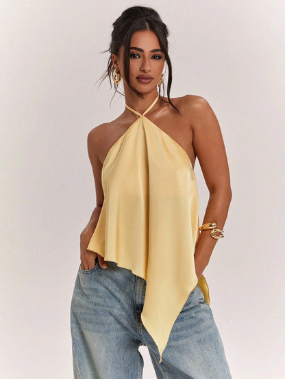 BAE Spring/Summer Women's Casual Vacation Halter Neck Backless Asymmetrical Hem Yellow Solid Satin Tank Top, Suitable For Beach Vacation, Beach Holiday, Sisters Casual Vacation, Elegant Tank Top