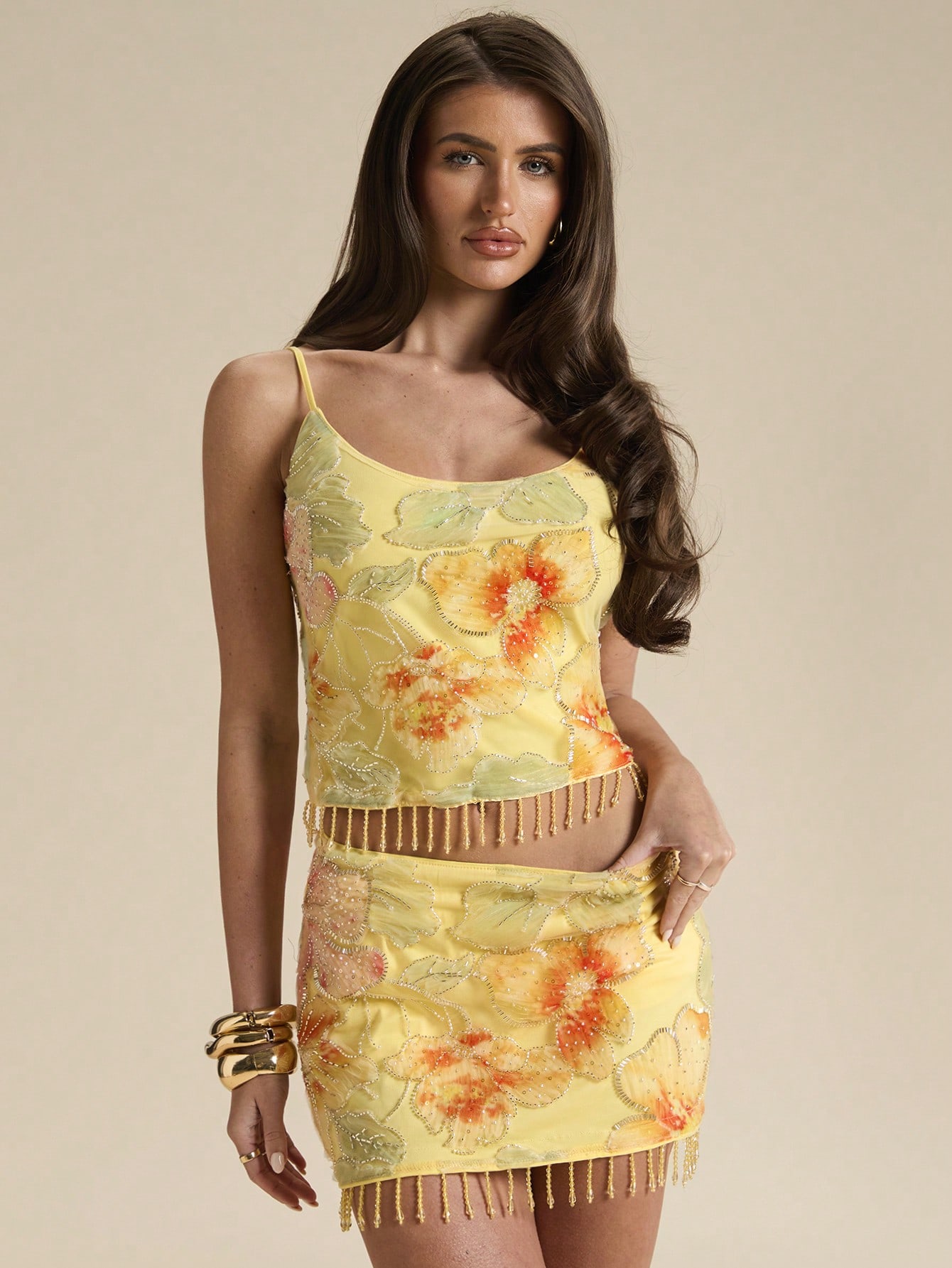 BAE Spring/Summer Yellow Rhinestone, Sequin & Pearl Floral Backless Camisole Tank Top, Beach Vacation Elegant Sweet Cute Glamorous Sleeveless Summer