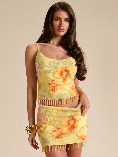 BAE Spring/Summer Yellow Rhinestone, Sequin & Pearl Floral Backless Camisole Tank Top, Beach Vacation Elegant Sweet Cute Glamorous Sleeveless Summer