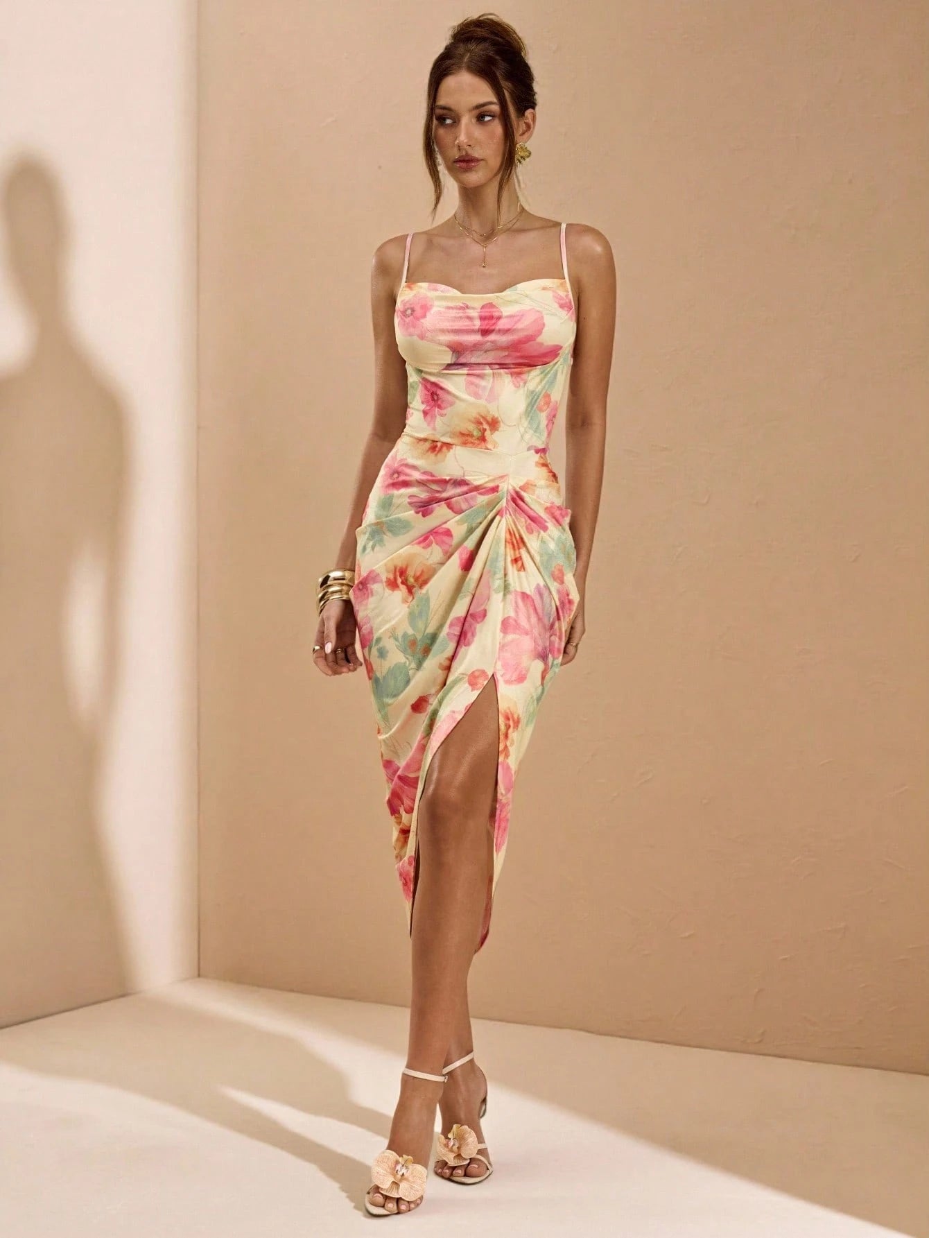 BAE V-Neck Color Block Pink Floral Print Split Dress, Back To School Dress For Single Ladies,Summer Dresses For Women Party Night Out Sexy