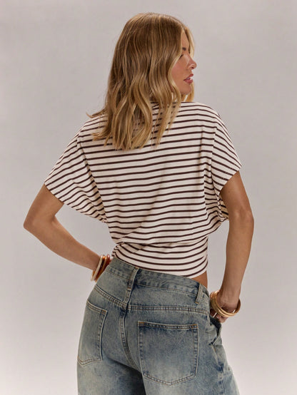 BAE Women's Round Neck Brown Stripe Casual Versatile Daily Wear T-Shirt,Casual Blouses For Women Day Summer